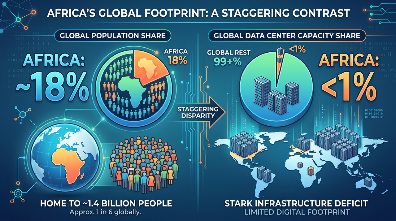 A chart contrasting Africa's 18% global population share with its less than 1% share of global data center capacity