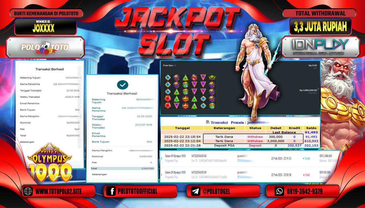 POLOTOTO JACKPOT SLOT GATES OF OLYMPUS 1000 Rp.3.300.000,- LUNAS