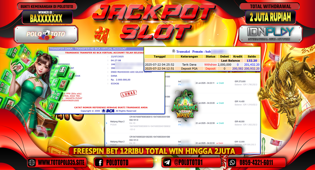 POLOTOTO JACKPOT SLOT MAHJONG WAYS 2 Rp.2.000.000,- LUNAS