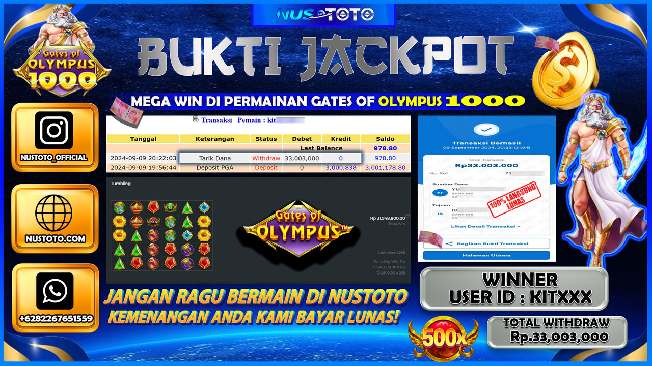 JACKPOT !! MENANG BESAR DI GATES OF OLYMPUS 1000 Rp. 33,003,000 LANGSUNG DI BAYAR LUNAS NUSTOTO !!
