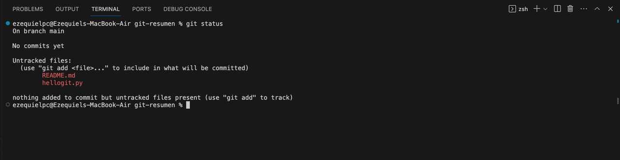 Ejecución comando git status Git add y git commit