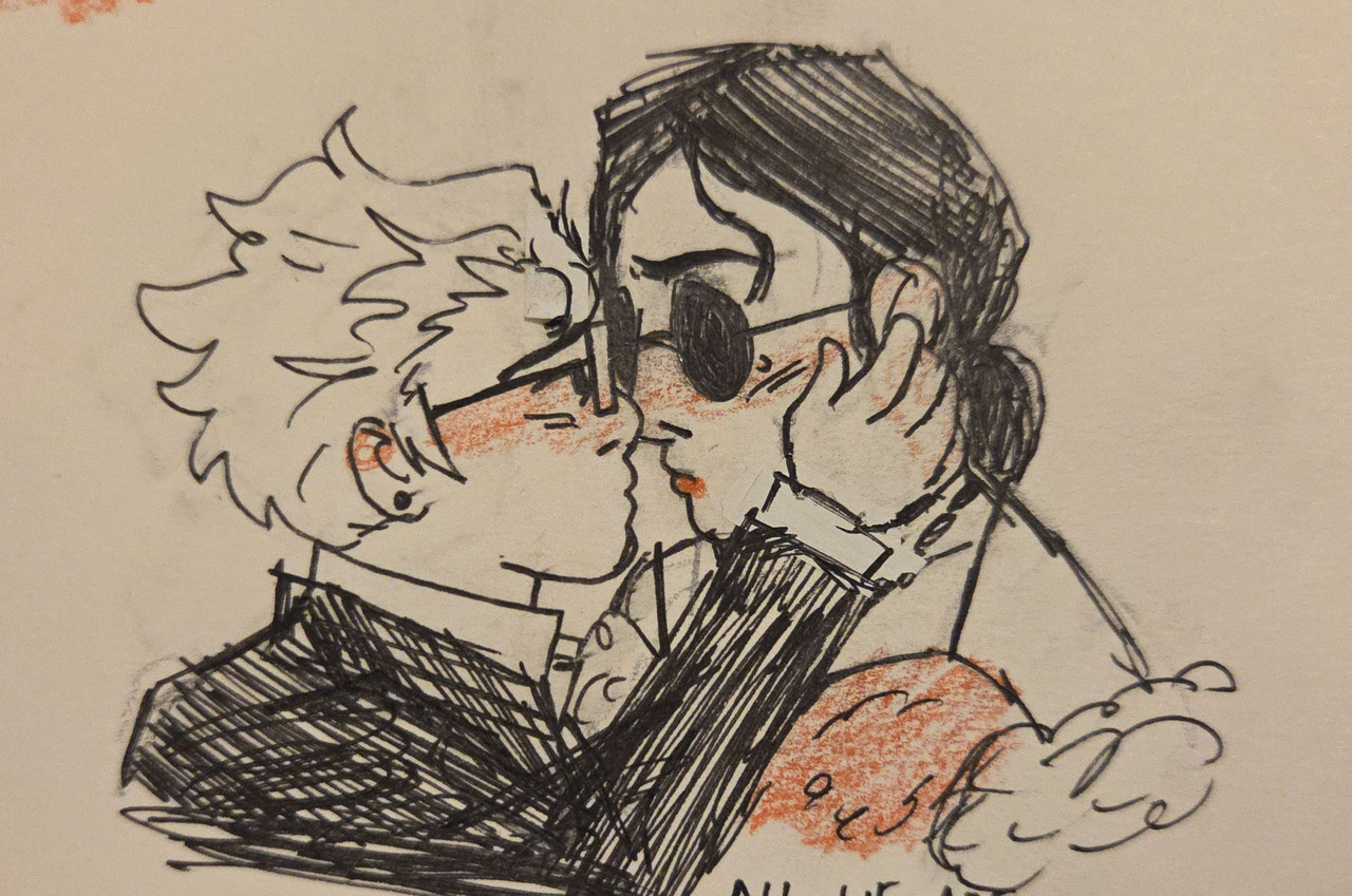 A traditional drawing of Marianne from Long Live The Black Parade and the webmaster's self insert. Charlie cups Marianne's cheek and the two look at eachother with somber expressions.