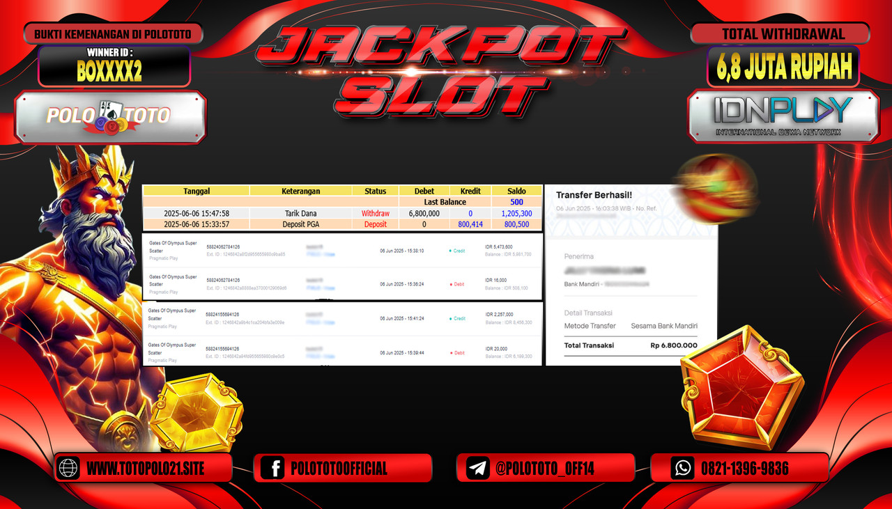 POLOTOTO JACKPOT SLOT GATES OF  OLYMPUS SUPER SCATTER  Rp.6.800.000,- LUNAS
