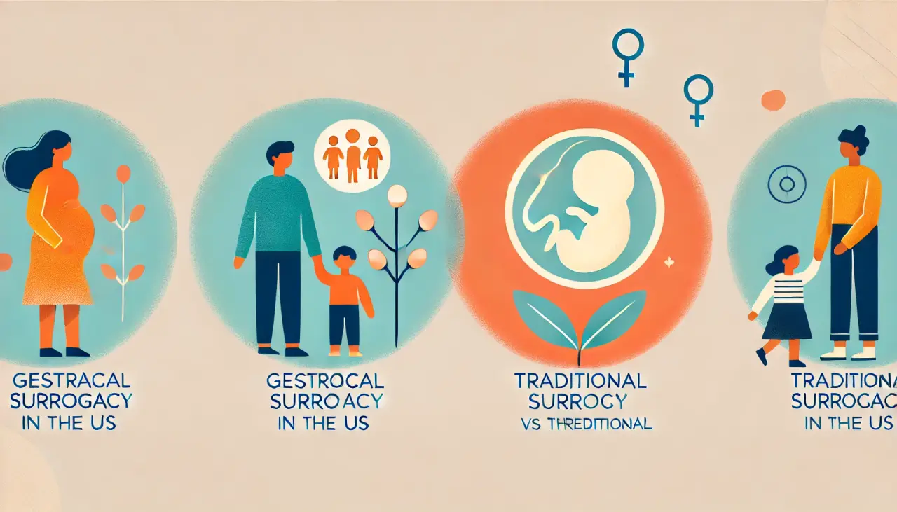 Illustration of types of surrogacy: gestational surrogacy with an embryo and traditional surrogacy using the surrogate's own egg, showing differences in surrogacy approaches.