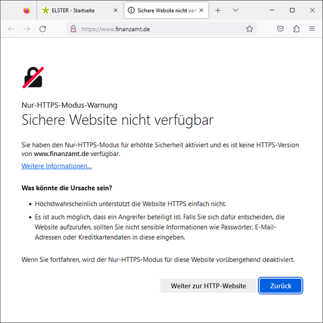 Sicherheitswarnung bei finanzamt.de