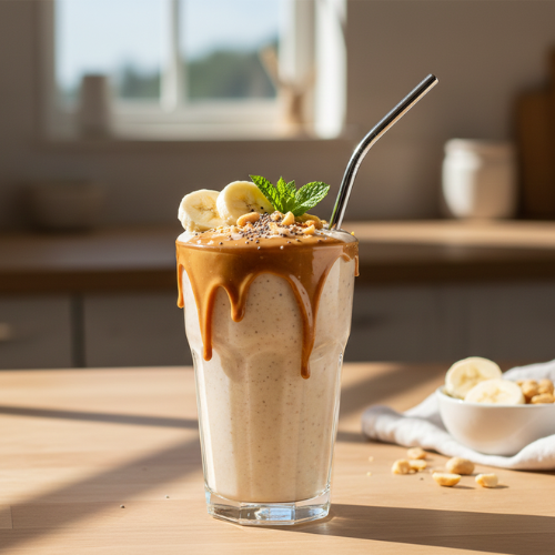 Banana peanut butter smoothie in a glass