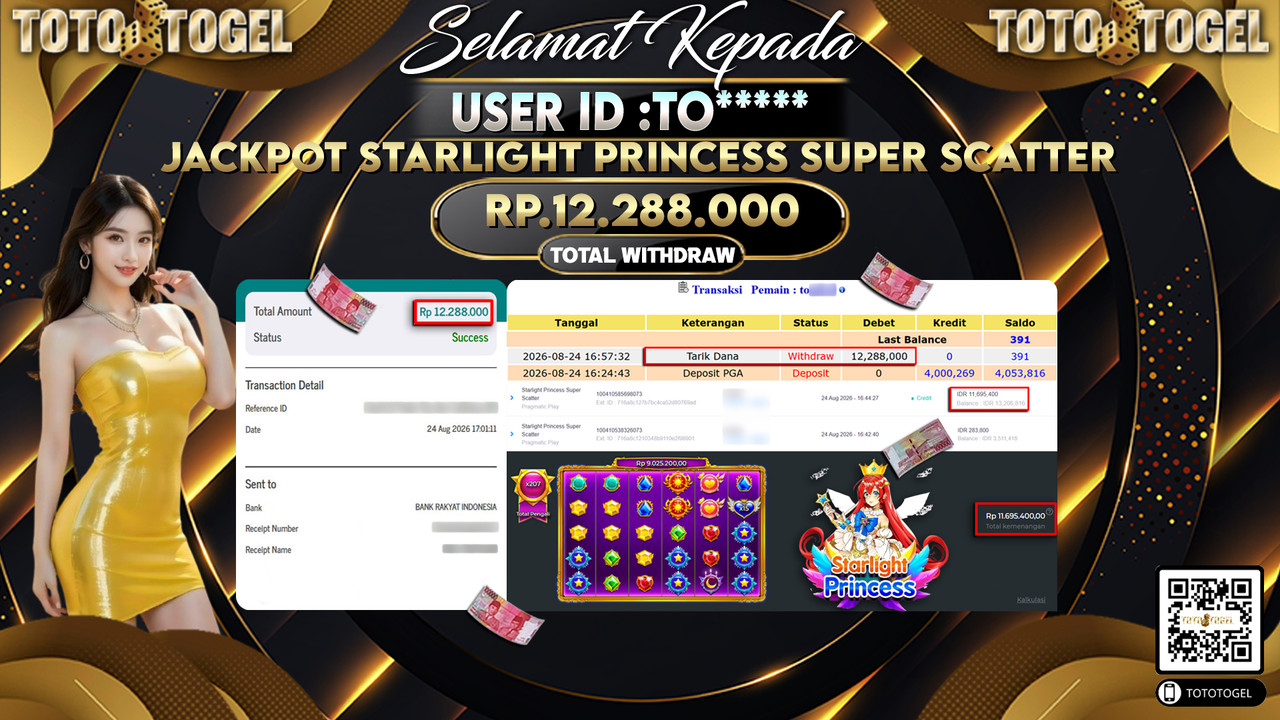 Bukti Pembayaran Jackpot Slot Starlight Princess Super Scatter ID:TO*****LUNAS