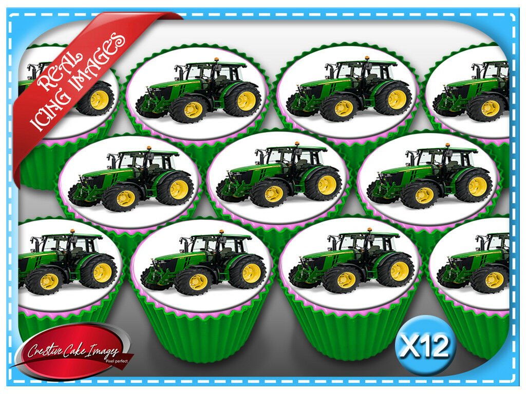 12 Tractor John Deere Edible Icing Image Cupcake Toppers Party