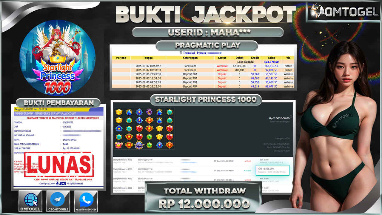 OMTOGEL JACKPOT PRAGMATIC PLAY STARLIGHT PRINCESS 1000 12 JUTA DI BAYAR LUNAS ,-