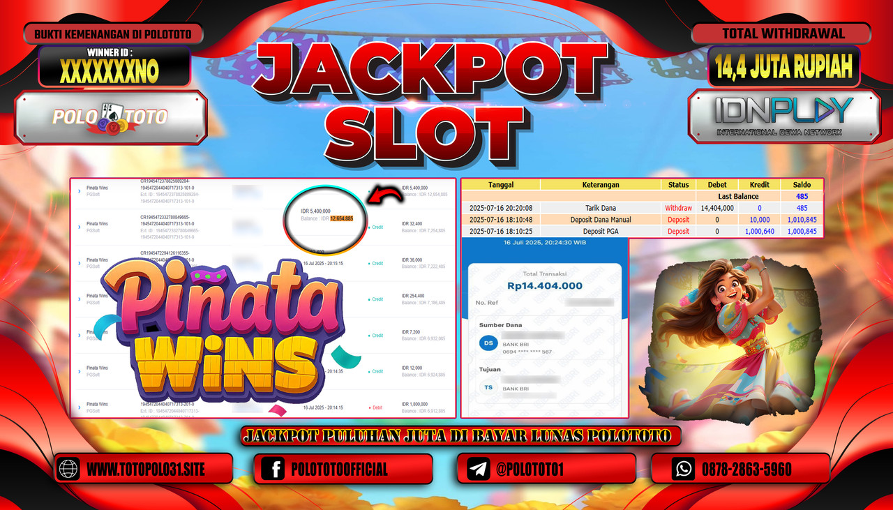 POLOTOTO JACKPOT SLOT PINATA WINS Rp.14.400.000,- LUNAS