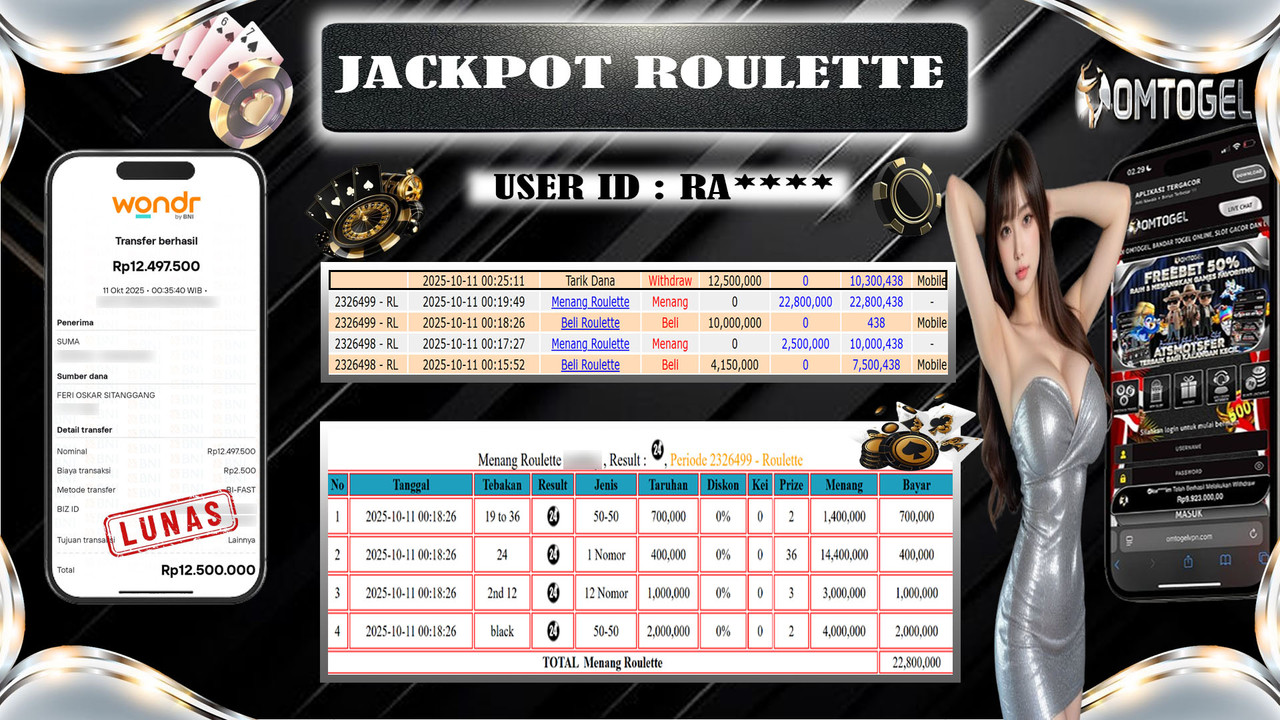 OMTOGEL JACKPOT LIVE GAMES ROULETTE 12 JUTA DI BAYAR LUNAS ,-