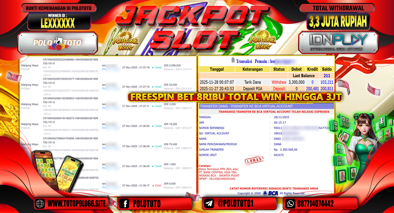 POLOTOTO JACKPOT SLOT MAHJONG WAYS Rp.3.3000.000,- LUNAS