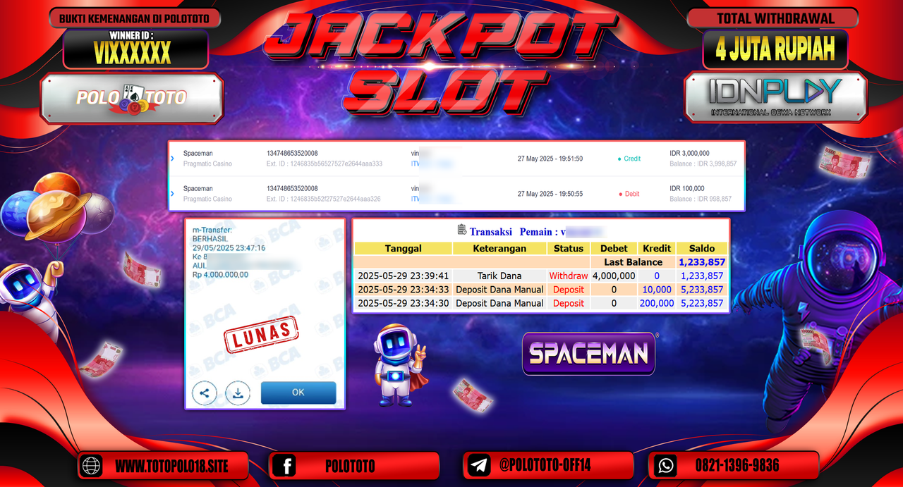 POLOTOTO JACKPOT SLOT SPACEMAN Rp.4.000.000,- 