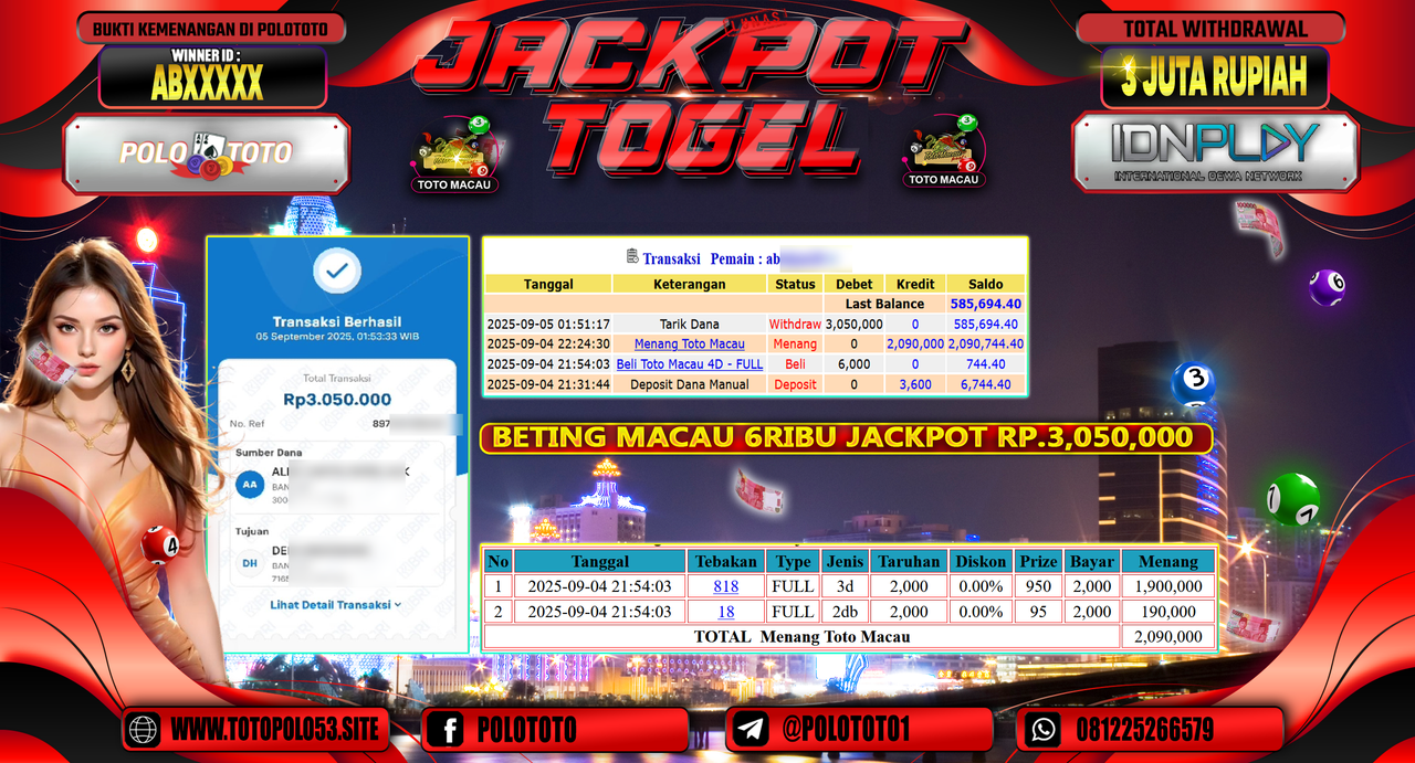 POLOTOTO JACKPOT TOGEL TOTO MACAU Rp.3.050.000,-