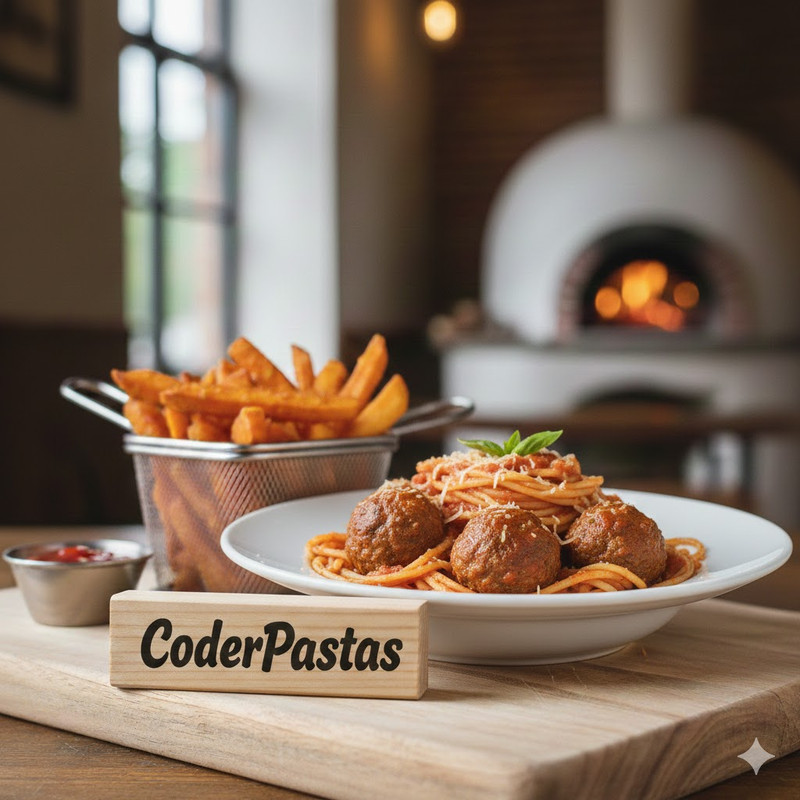 CoderPastas - Spaghetti con albondigas caseras, salsa de tomate y queso parmesano.
