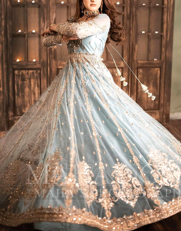 Heavy Embroidered & Mirror Work Blue Net Bridal Maxi Dress 2026