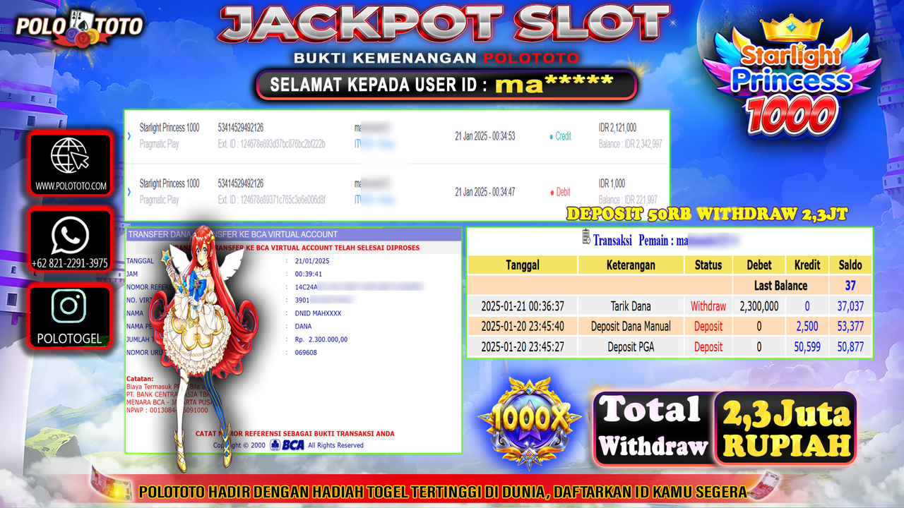 POLOTOTO JACKPOT SLOT STARLIGHT PRINCESS 1000 Rp.2,300.000,-