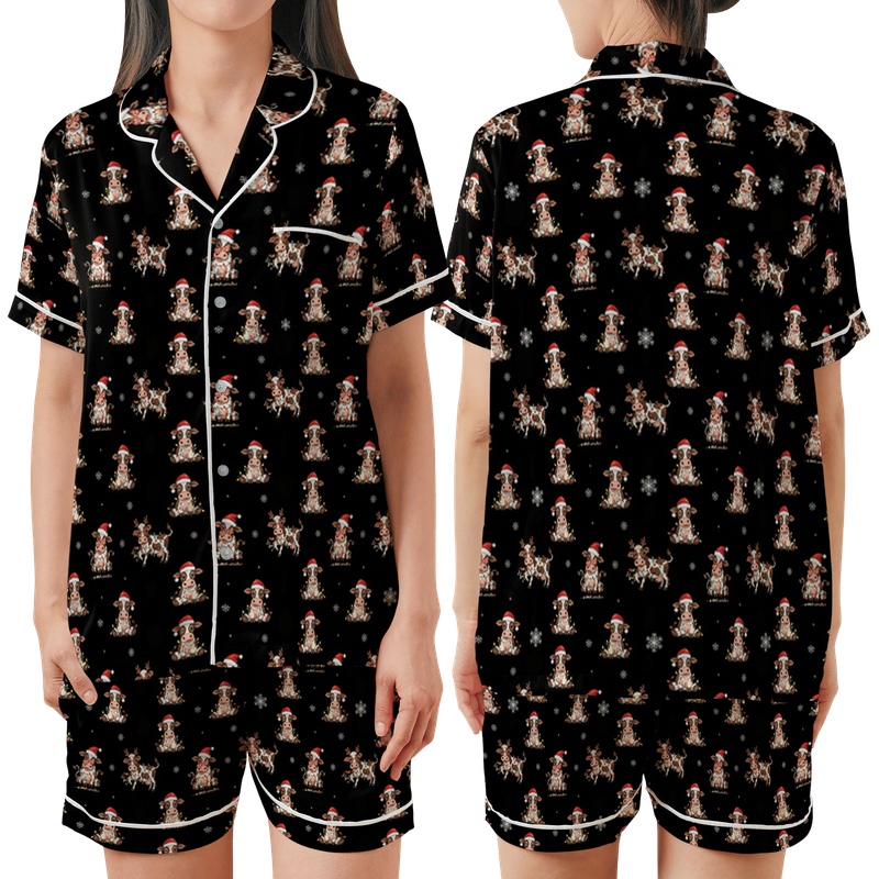 Funny Cow Christmas Satin Short Sleeve Pajamas Set (1)
