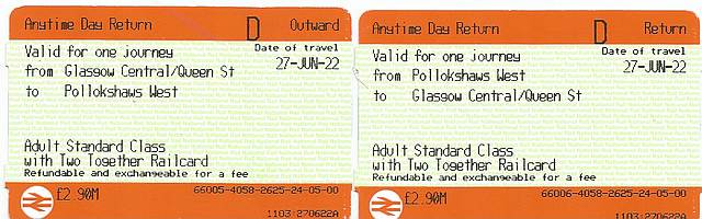 Bilety na przejazd między Glasgow Central a Pollokshaws West, tam i z powrotem.