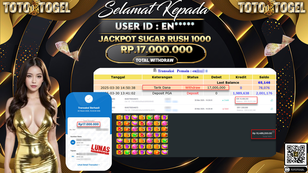 Bukti Pembayaran Jackpot  Permainan Slot Sugar Rush 1000 ID:ED**** LUNAS
