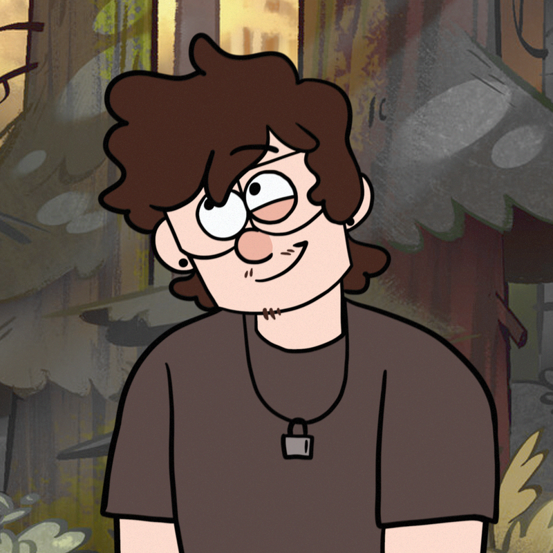A digital drawing of the Webmaster in the Gravity Falls artstyle. He tilts his head and looks off to the side playfully.