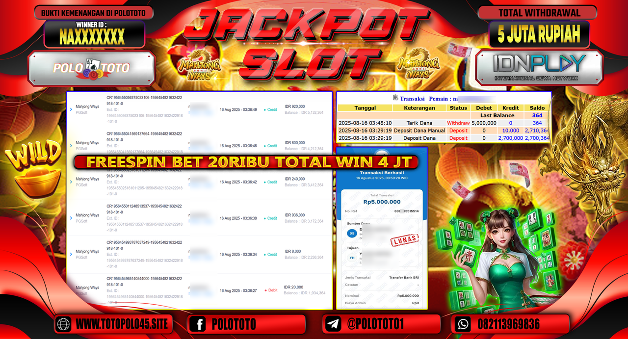 POLOTOTO JACKPOT SLOT MAHJONG WAYS Rp.5.000.000,-