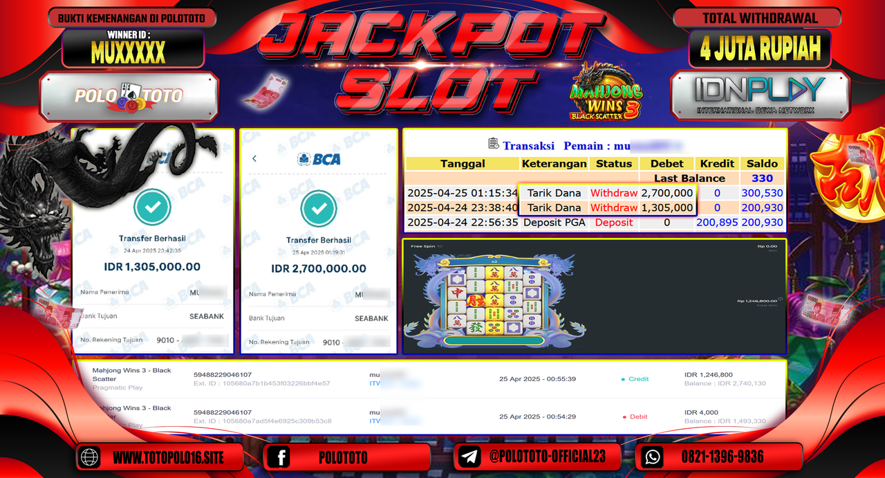 POLOTOTO JACKPOT SLOT MAHJONG WINS BLACK SCATTER 3 Rp.4.000.000,-
