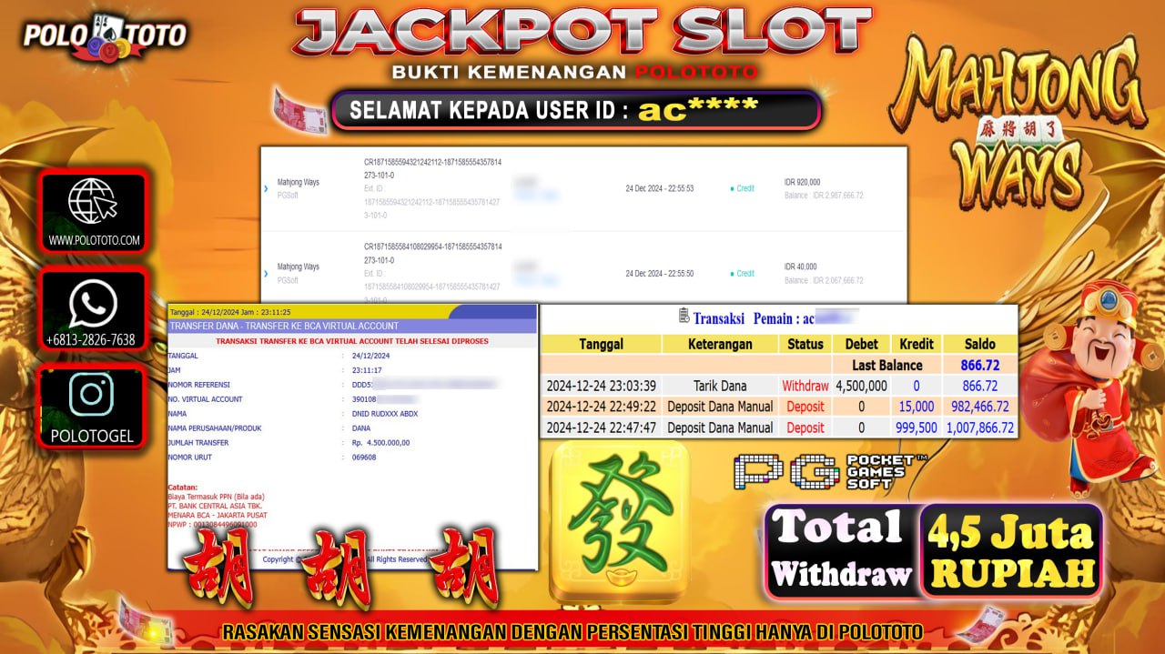 POLOTOTO JACKPOT SLOT MAHJONG WAYS Rp.4,500.000,-
