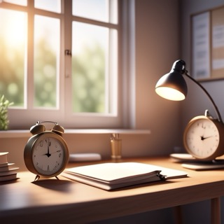 A quiet writing desk by a window with a clock in soft focus, golden-hour lighting.