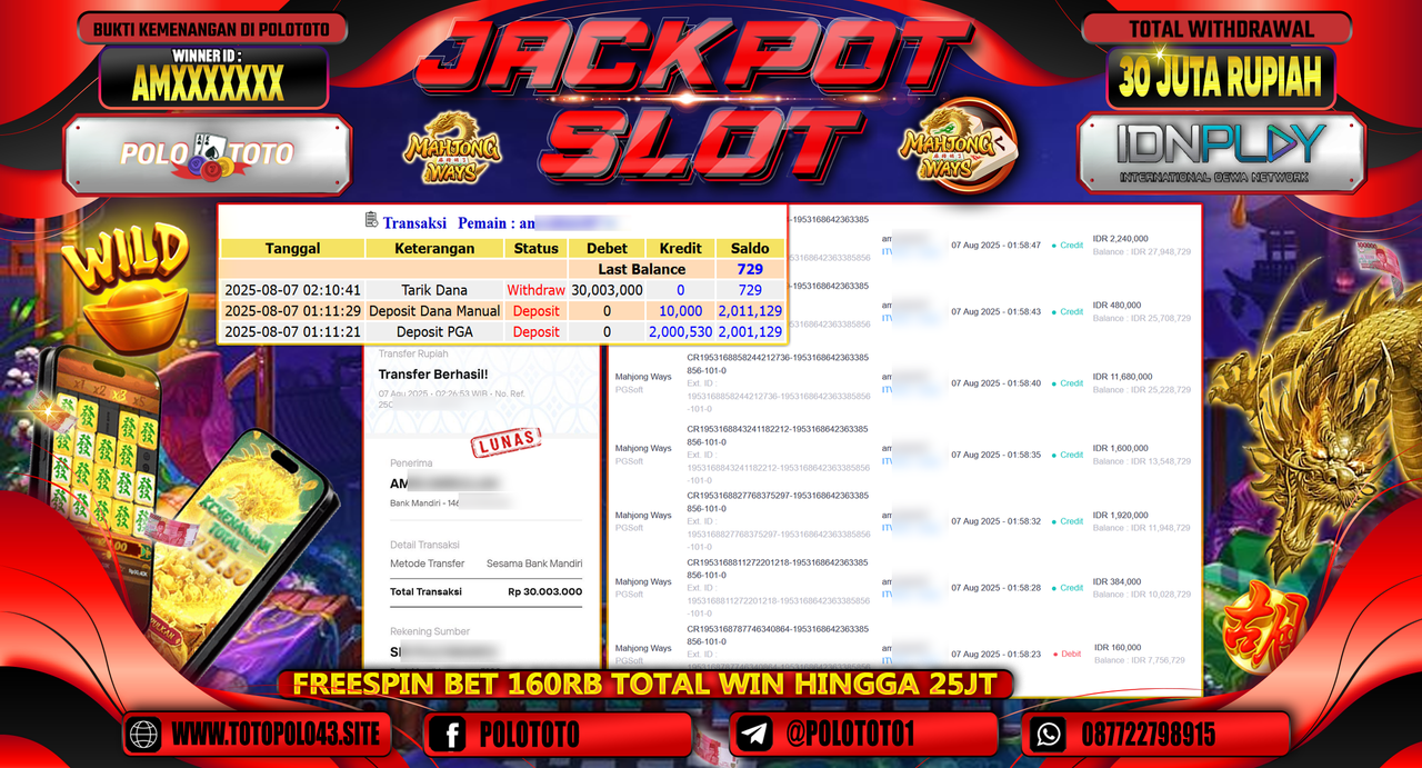 POLOTOTO JACKPOT SLOT MAHJONG WAYS Rp.30.000.000,-LUNAS