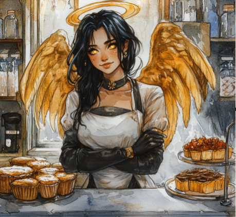 An aasimar with a halo and gold wings who bakes.