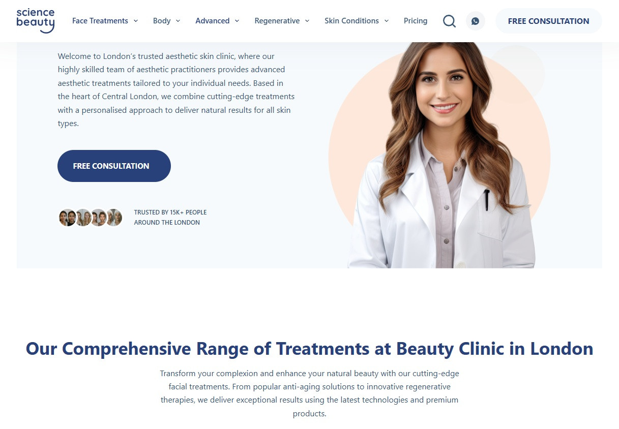 Sciencebeauty clinic review with practitioner and welcome section.
