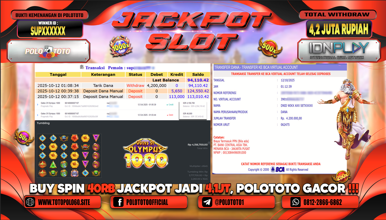 POLOTOTO JACKPOT SLOT GATES OF OLYMPUS 1000 Rp.4.200.000,- LUNAS
