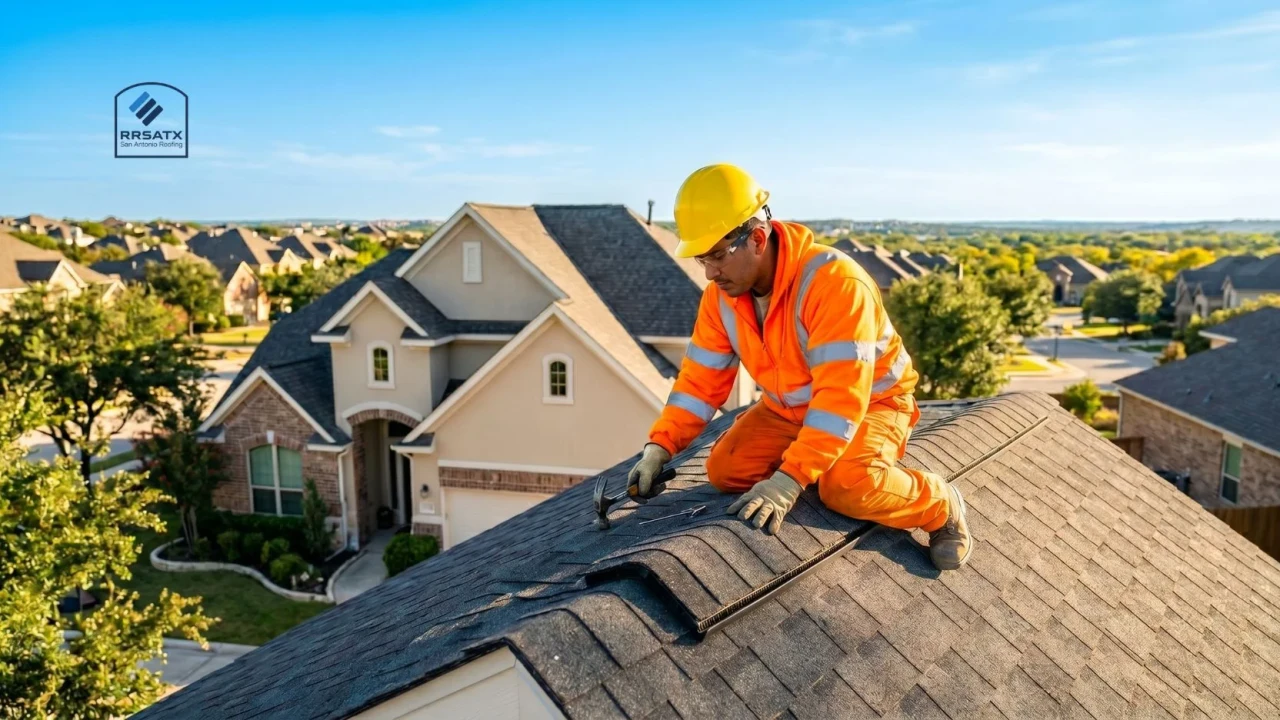 Roofing contractor inspecting a residential roof in San Antonio TX