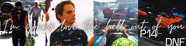 Four images to make a fic aesthetic. Lando Norris walking away from the camera holding his helmet and his head ducked. Oscar Piastri looking tired and worried. Lando's onboard of the crash with Franco and Pierre. McLaren's post-race graphic showing Oscar finished 14th and Lando didn't finish.