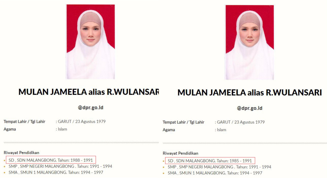 Data riwayat pendidikan Mulan Jameela yang keliru (kiri), data yang sudah diperbaiki (kanan)