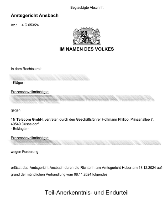 Urteil (AZ: 4 C 653/24) des Amtsgerichts Ansbach gegen die 1N Telecom GmbH