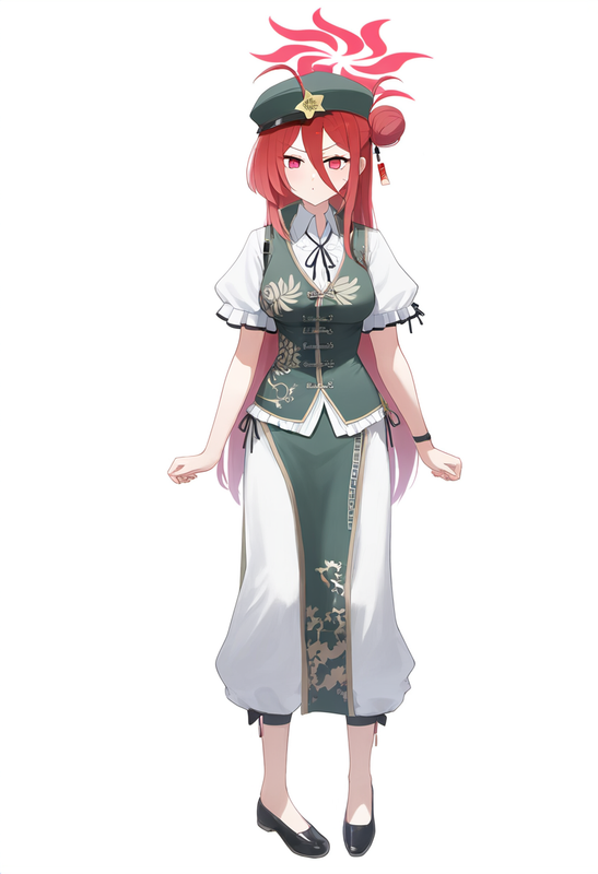 1girls, solo, {reijo (blue archive)}, hong meiling (cosplay), red hair, single s s-3479815922