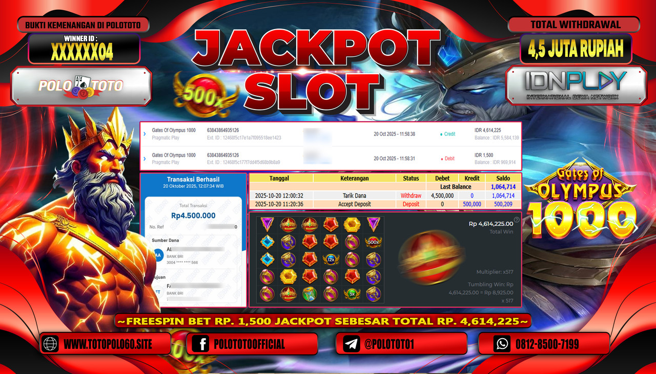 POLOTOTO JACKPOT SLOT GATES OF OLYMPUS 1000 Rp.4.500.000,- LUNAS