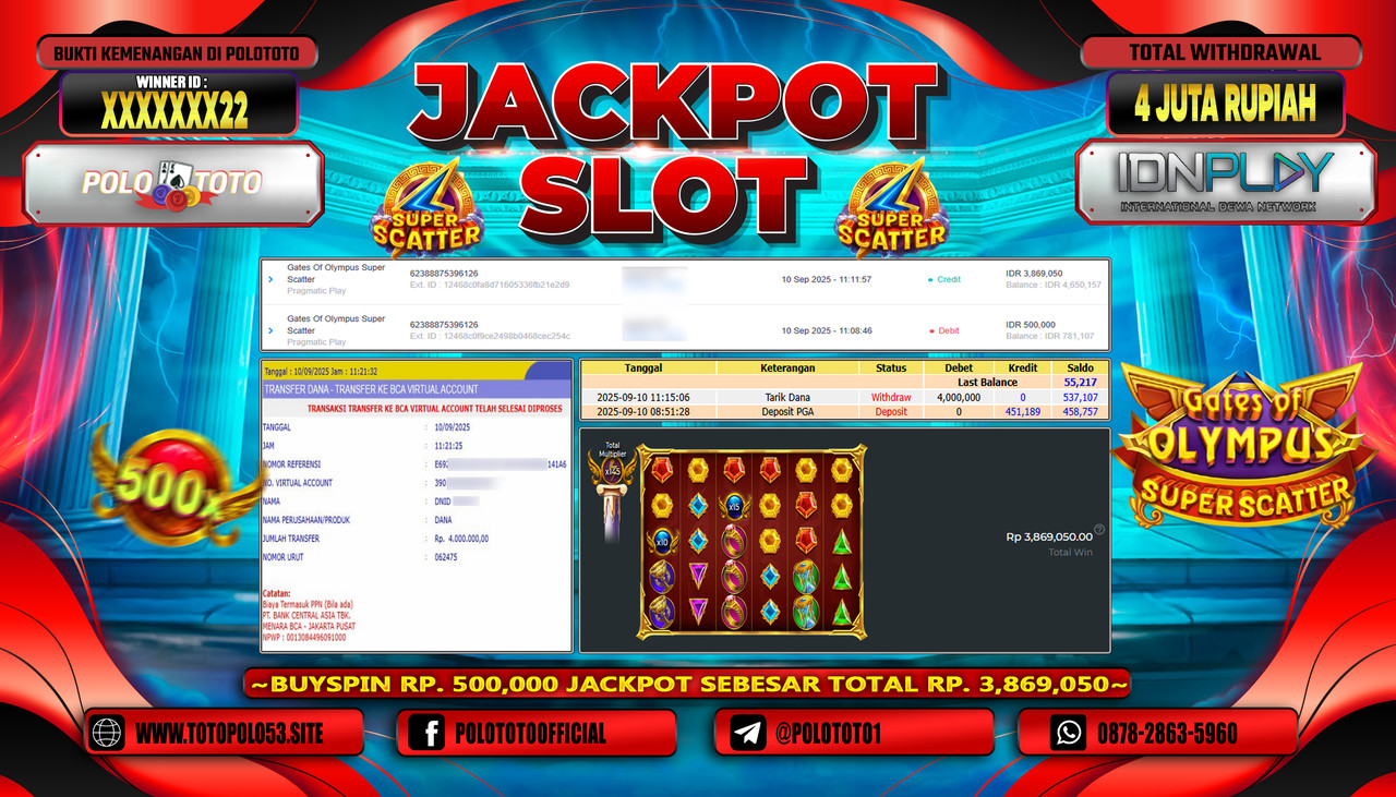 POLOTOTO JACKPOT SLOT GATES OF OLYMPUS SUPER SCATTER Rp.4.000.000,-LUNAS