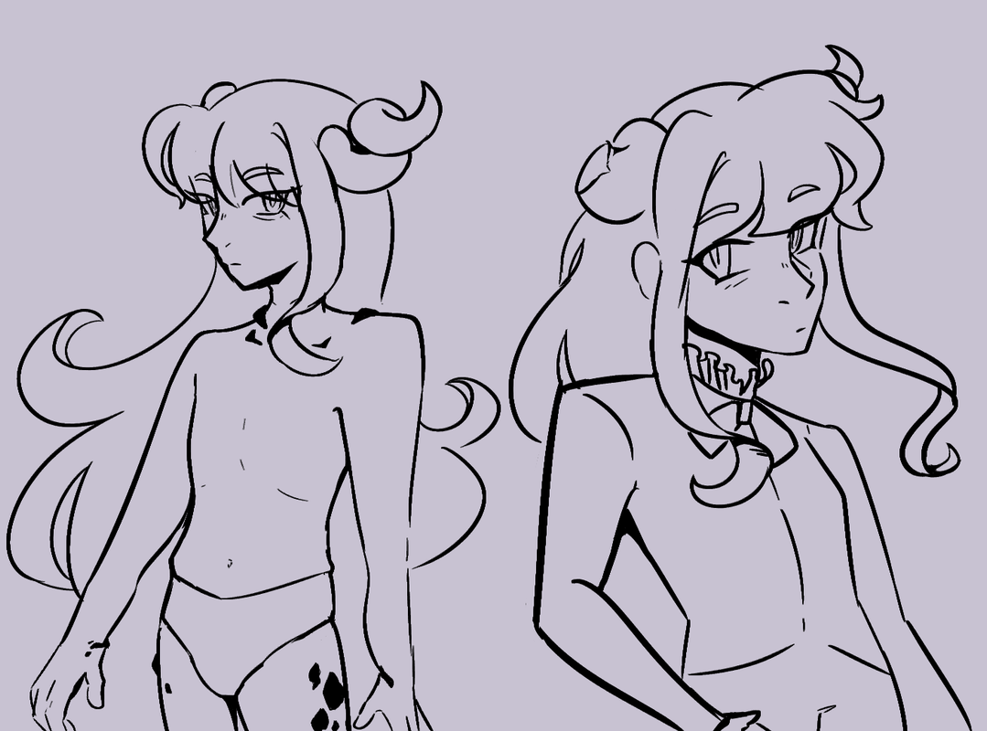 A digital drawing of Merlin, a thin androgynous person with long hair and horns. One of their horns is chipped, and their eyes look visibly fatigued. There are two drawings of them: One where they are shirtless and there are visible black growths on their skin, and another where they are clothed in a vest.