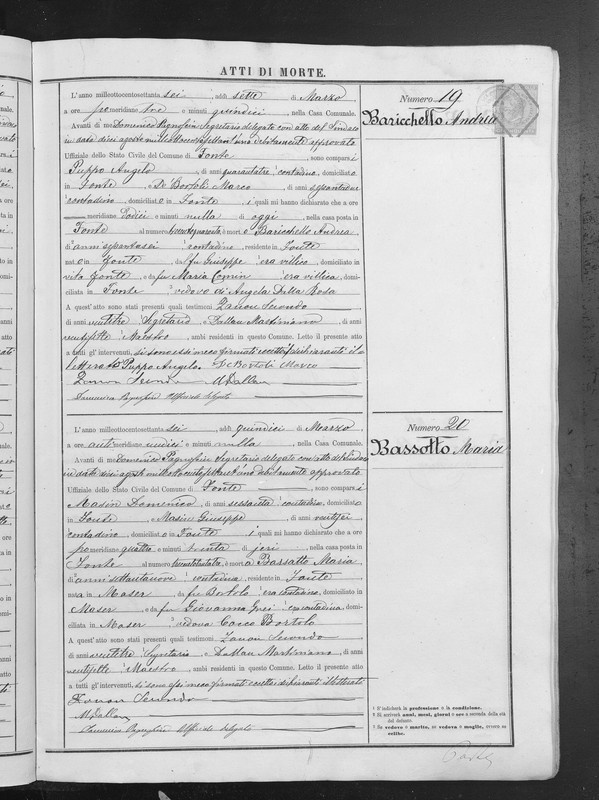 Acte de décès de Bassotto Maria 1876 veuve de COCCO Bortolo