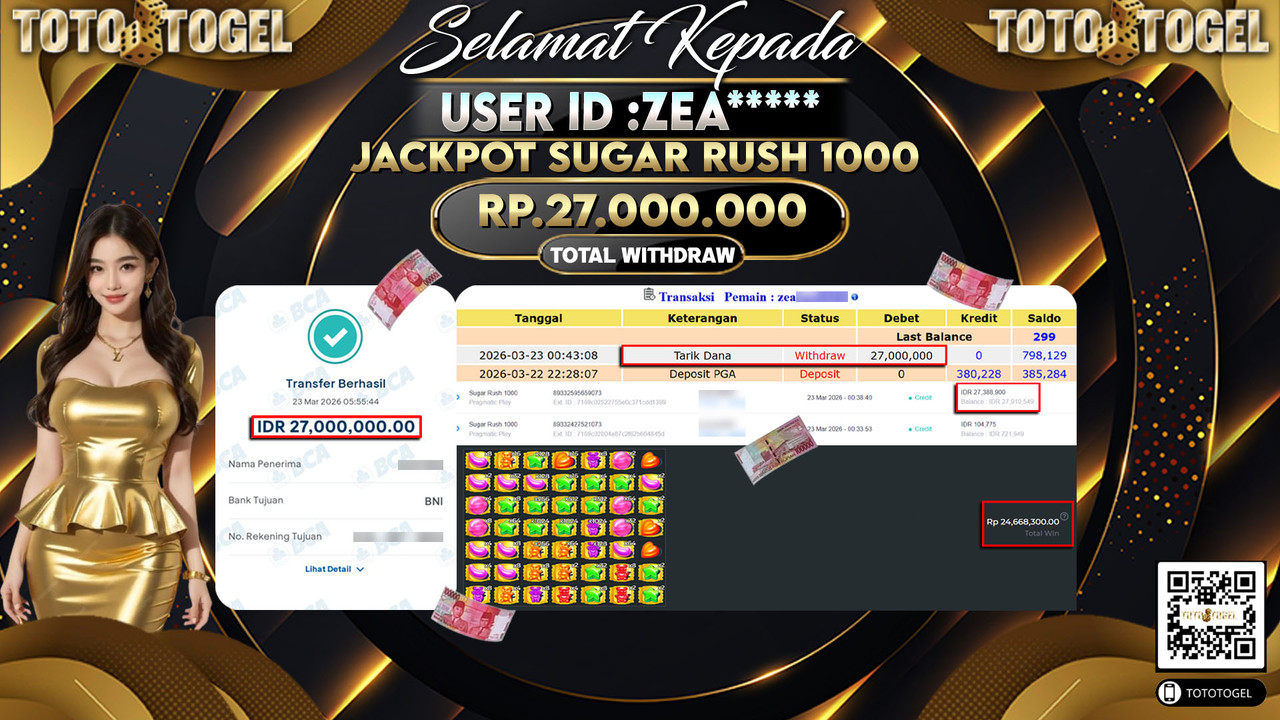 Bukti Pembayaran Jackpot Permainan Slot Sugar Rush 1000 ID:ZEA*****LUNAS