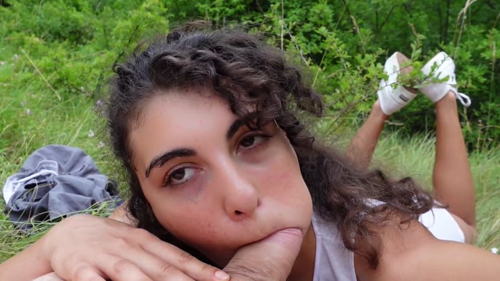 horny brunette with curly hair and big butt has sex with her boyfriend in nature