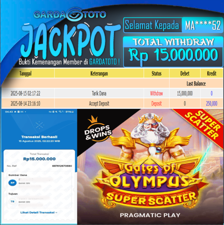 JACKPOT DI PERMAINAN  SLOT PRAGMATIC PLAY GATES  OF OLYMPUS  SUPER SCATTER  WD Rp 15.000.000,- DIBAYAR LUNAS GARDATOTO MANTAP !