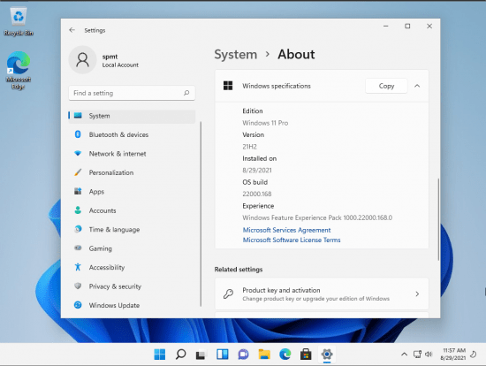 Windows 11 Pro Build 22000.168 Non-TPM v2.0 Compliant x64 En-US Activated August 2021