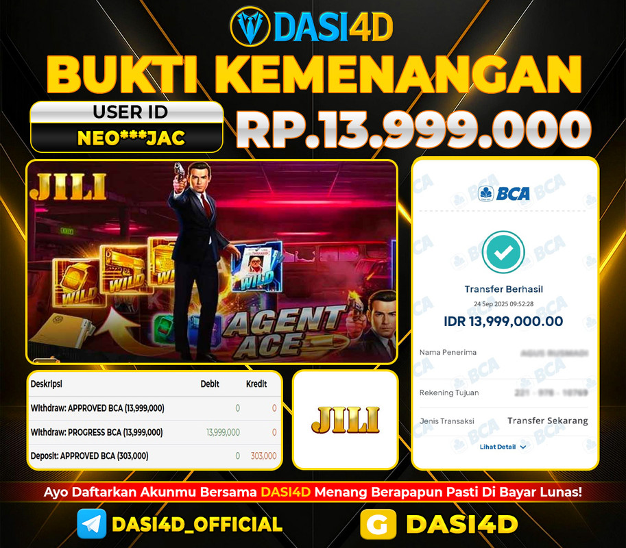 BUKTI KEMENANGAN 24 SEPTEMBER  2025 DI  AGENT ACE  RP. 13.999.000