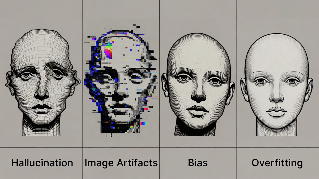 Visual showing common generative AI limitations including hallucination and image artifacts