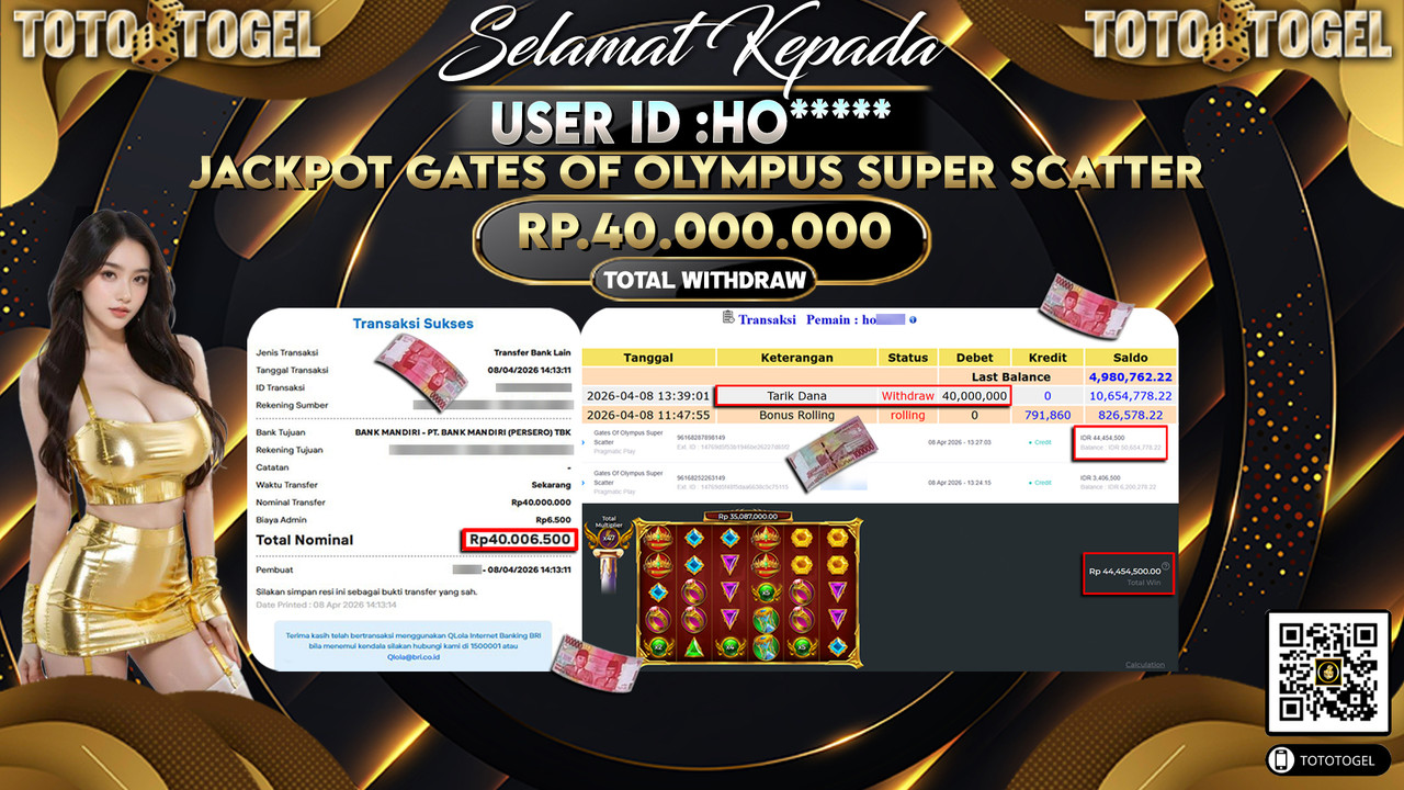 Bukti Pembayaran Jackpot Permainan Slot Gates Of Olympus Super Scatter ID:HO*****LUNAS
