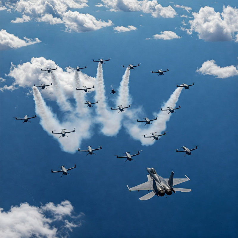 Autonomous AI Jets in Formation: A squadron of futuristic unmanned fighter jets flying together.